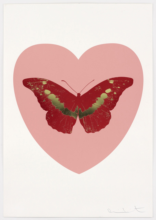 Damien Hirst, I Love You - Pink/Poppy Red/Cool Gold (2015) Photo via Paul Storper Gallery. 