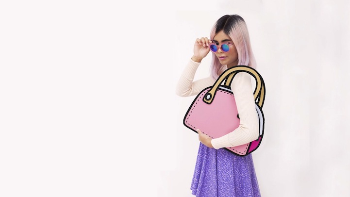 These toony handbags by Taiwanese label  Jump from Paper create clever optical illusions that make them look like cartoon cutouts. 