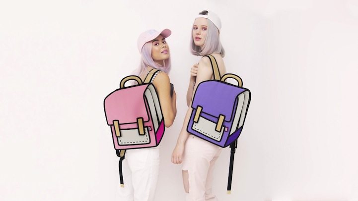 These toony handbags by Taiwanese label  Jump from Paper create clever optical illusions that make them look like cartoon cutouts. 