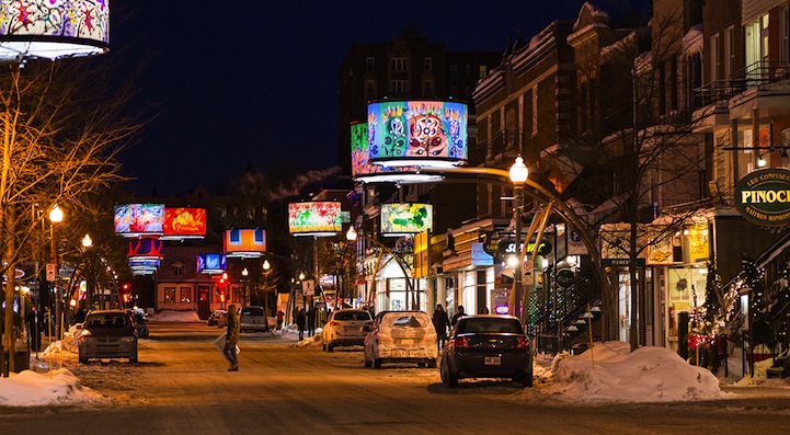 Currently on Cartier Avenue in Quebec City, 34 giant backlit lampshades, decorated with selected works by Alfred Pellan and Fernand Leduc from the Musée national des beaux-arts du Québec, are hanging over the street. 