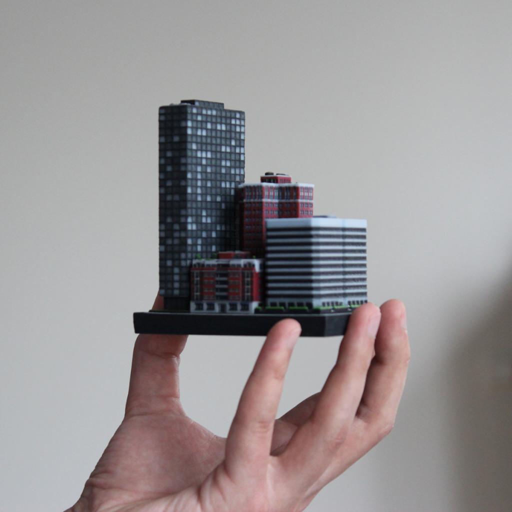 Miniature 3d printed buildings by Ittyblox. 