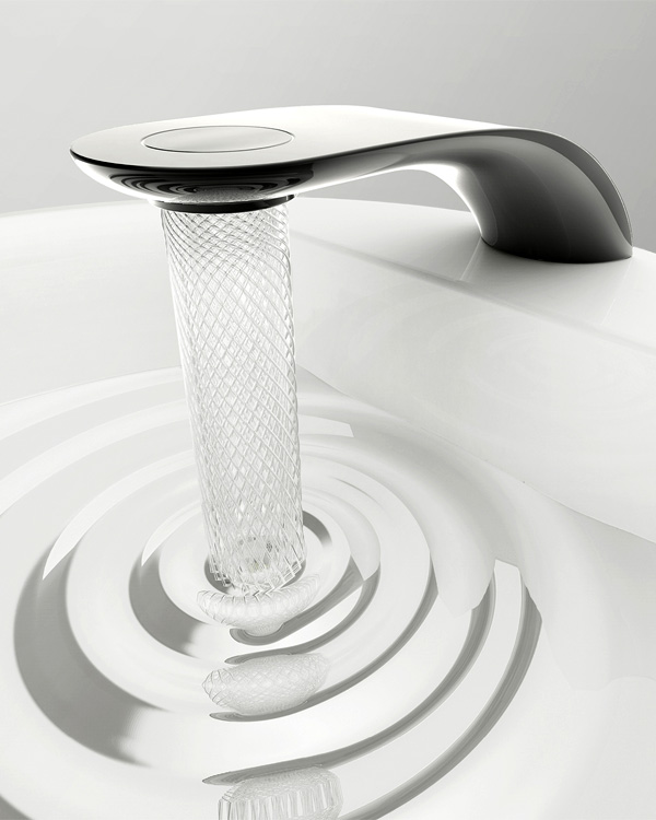 Eco-friendly faucet reduces water consumption through elegant cross-hatched patterns.