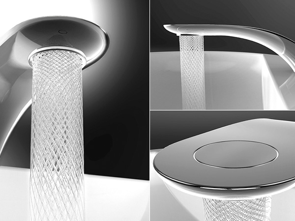 Eco-friendly faucet reduces water consumption through elegant cross-hatched patterns.